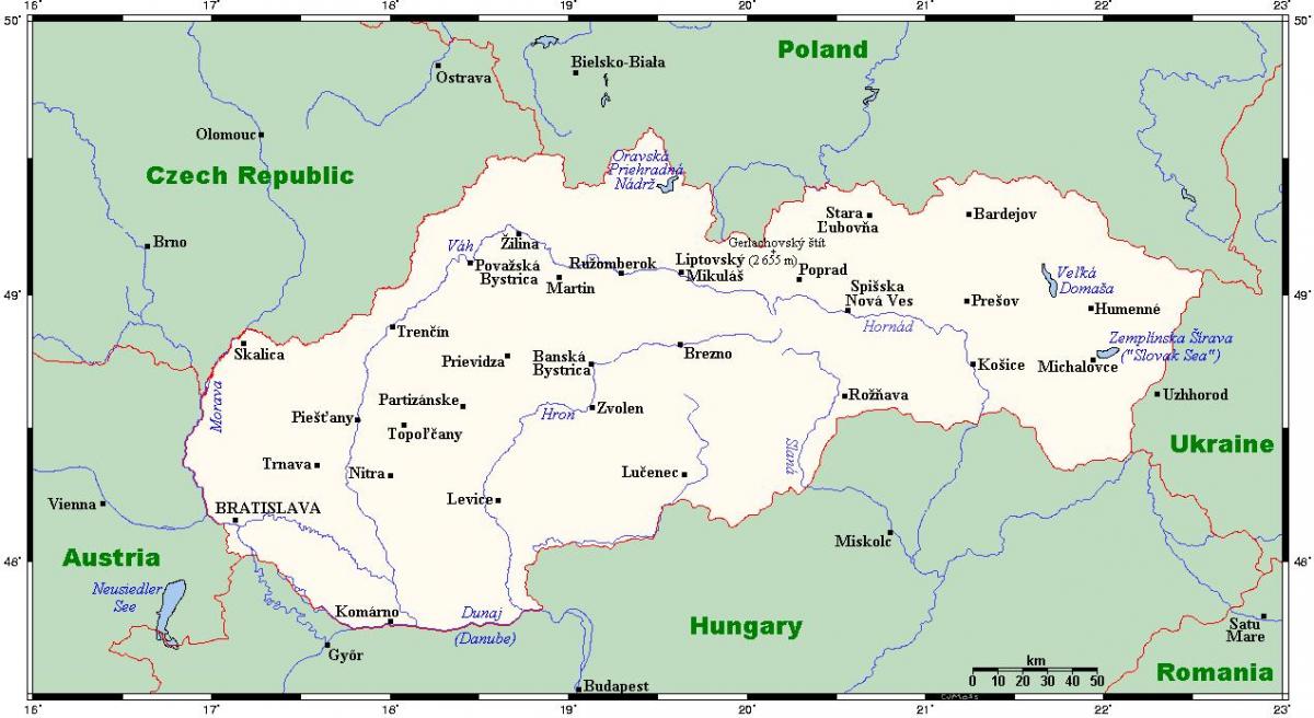 mapa Slovenska s městy